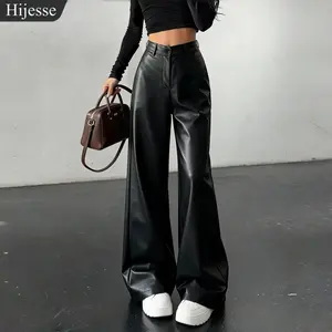 Hijesse Women's High Waist Glossy PU Leather Wide Leg Pants, Fashion Versatile, Suitable For Party, Commute, Music Festival, Vacation, Casual Straight Leg Pants, Y2K Style, Suitable For Party, Commute, Holiday, Outdoor Activities