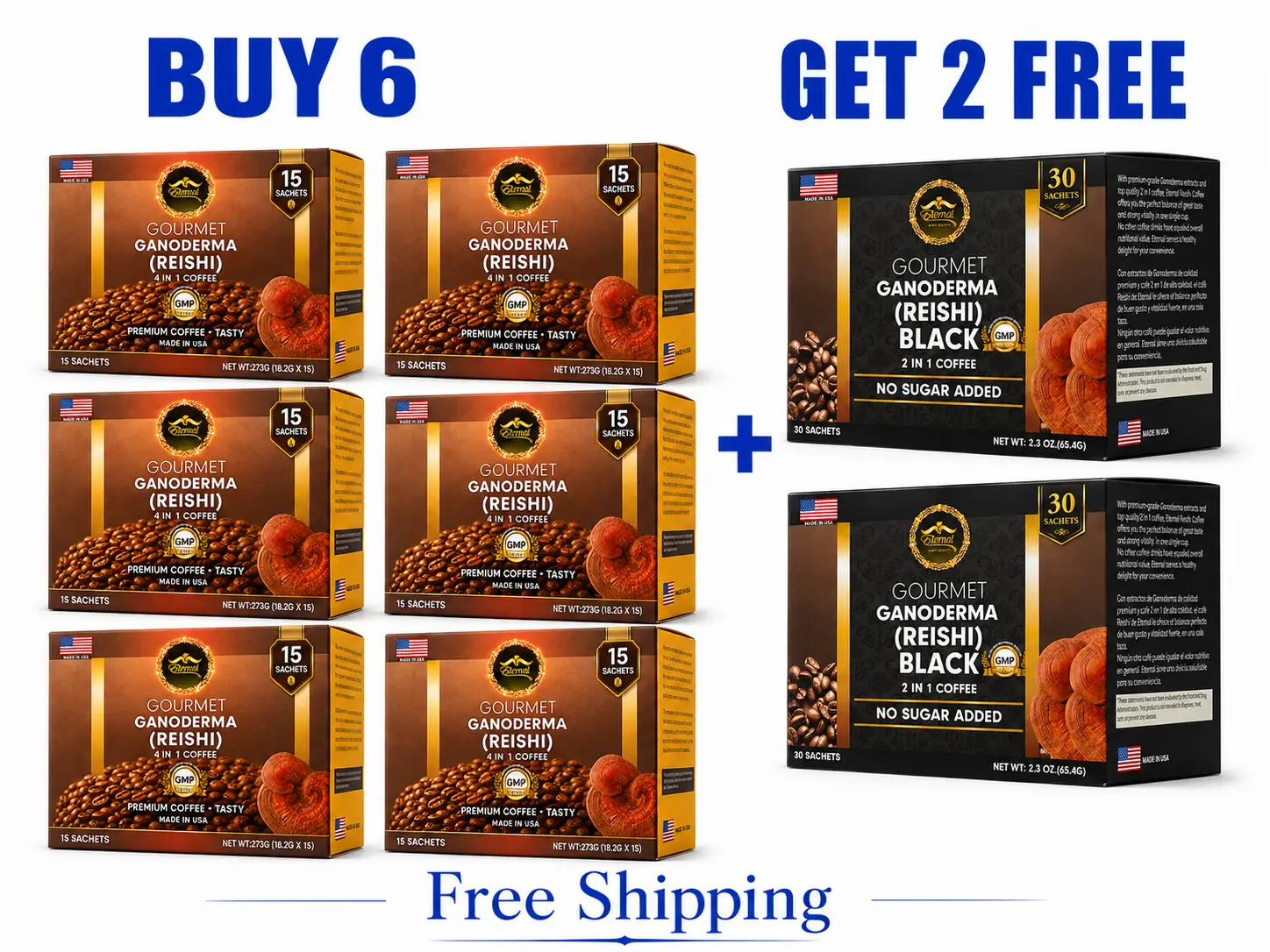 Eternal Spirit Beauty Ganoderma Reishi Instant Coffee Bundle – 6 Boxes 4-in-1 Coffee + 2 Bonus Boxes 2-in-1 Black Coffee – 8 Boxes, 150 Sachets