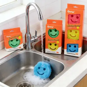 3-Pack Cute  Happy Face Dish Sponges - Reusable Non-Scratch Kitchen Scrub Sponges for Washing Dishes