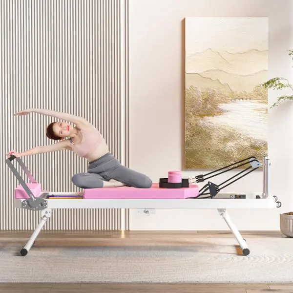 Pink Foldable Pilates Reformer Machine with Dual Resistance, Eco-Silicone Leather Padding, 11 Strength Options for Home Gym, 330.5 lbs Capacity, Build Strength, Easy Assembly, Foldable Design, High-Density Sponge, Muscle Training