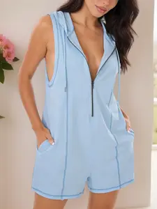 Women's Summer Hooded Half Zip Romper - Cotton Blend Workout Overalls for Gym Yoga Casual Sleeveless Short Jumpsuits with Pockets