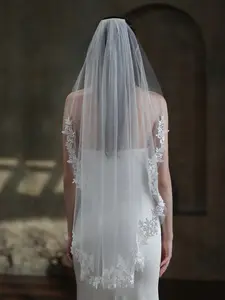 1-Piece Beige Lace Sheer Bridal Veil (with Hair Comb) — Wedding Accessory, Women's Wedding Veil