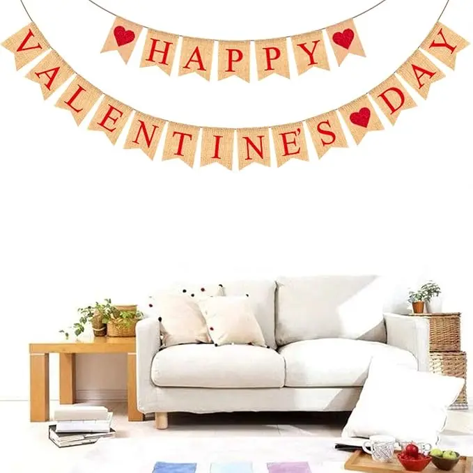 Happy Valentine's Day Banner - Glitter Heart Burlap Bunting - Assembled for Home, Store, and School Decorations