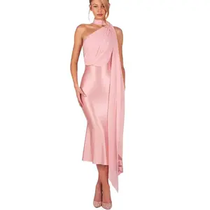 Women Elegant Satin Halter Neck Bodycon Midi Dress Scarf Tie Party Dress
