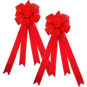Christmas Large Bows 2 count -  Wired Red  Bows with Long Tails for Wreath Floral, Christmas Tree Topper, Outdoor Bowknot for Wedding Birthday Party Red Bow for  Garden Festive Decor