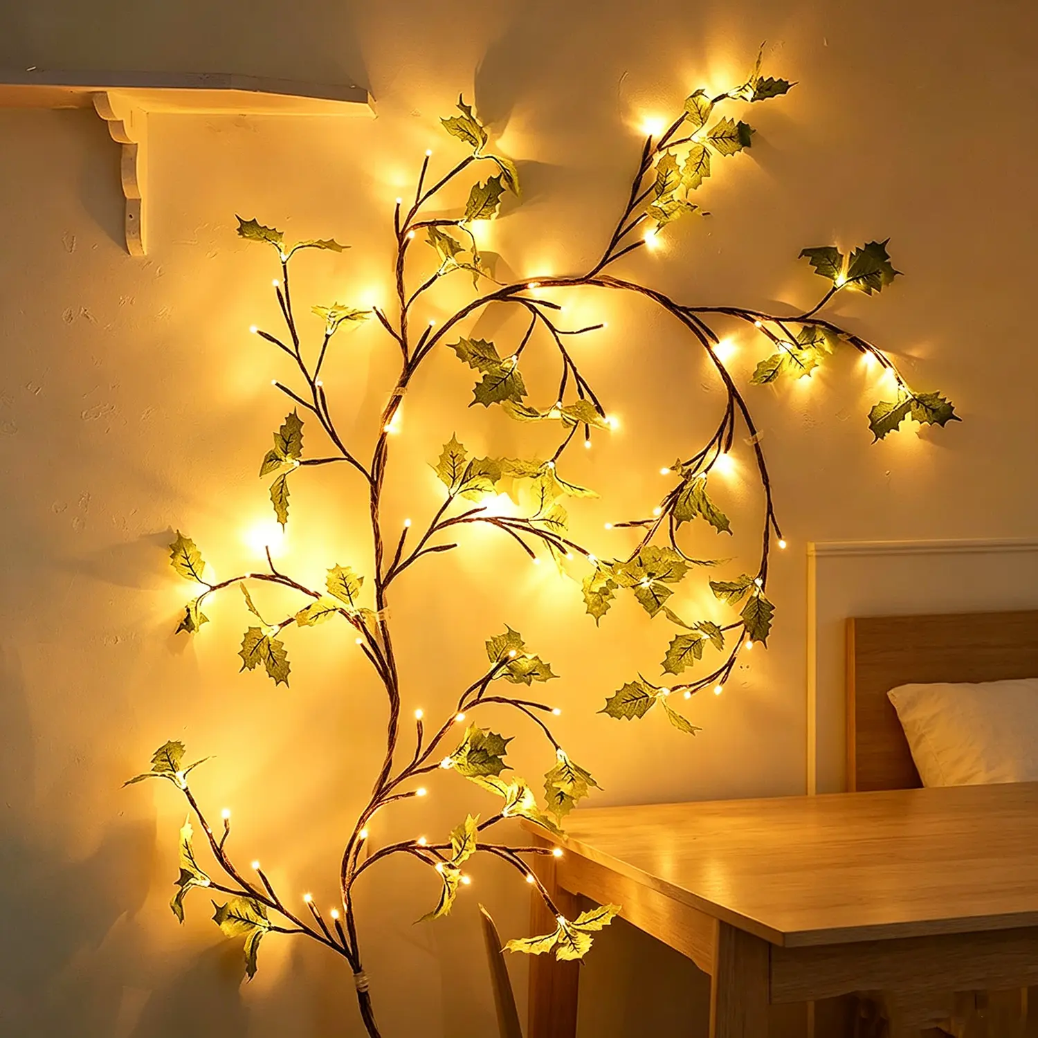 Botanical Green Leaf Vine Fairy Lights - 1.8m 96 Adjustable LEDs Plastic Corded, USB/AC Power, Remote Control, 8 Modes, Cool-Touch Flexible Garland, Flexible Ambient & Interior LED Light Strip for Bedroom Decor