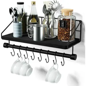 Floating Shelves Wall Shelves for Bedroom, Bathroom Shelves Wall Mounted with Towel Bar, Kitchen Rustic Wood Shelf with Hooks for Hanging Cooking Utensils or Mugs