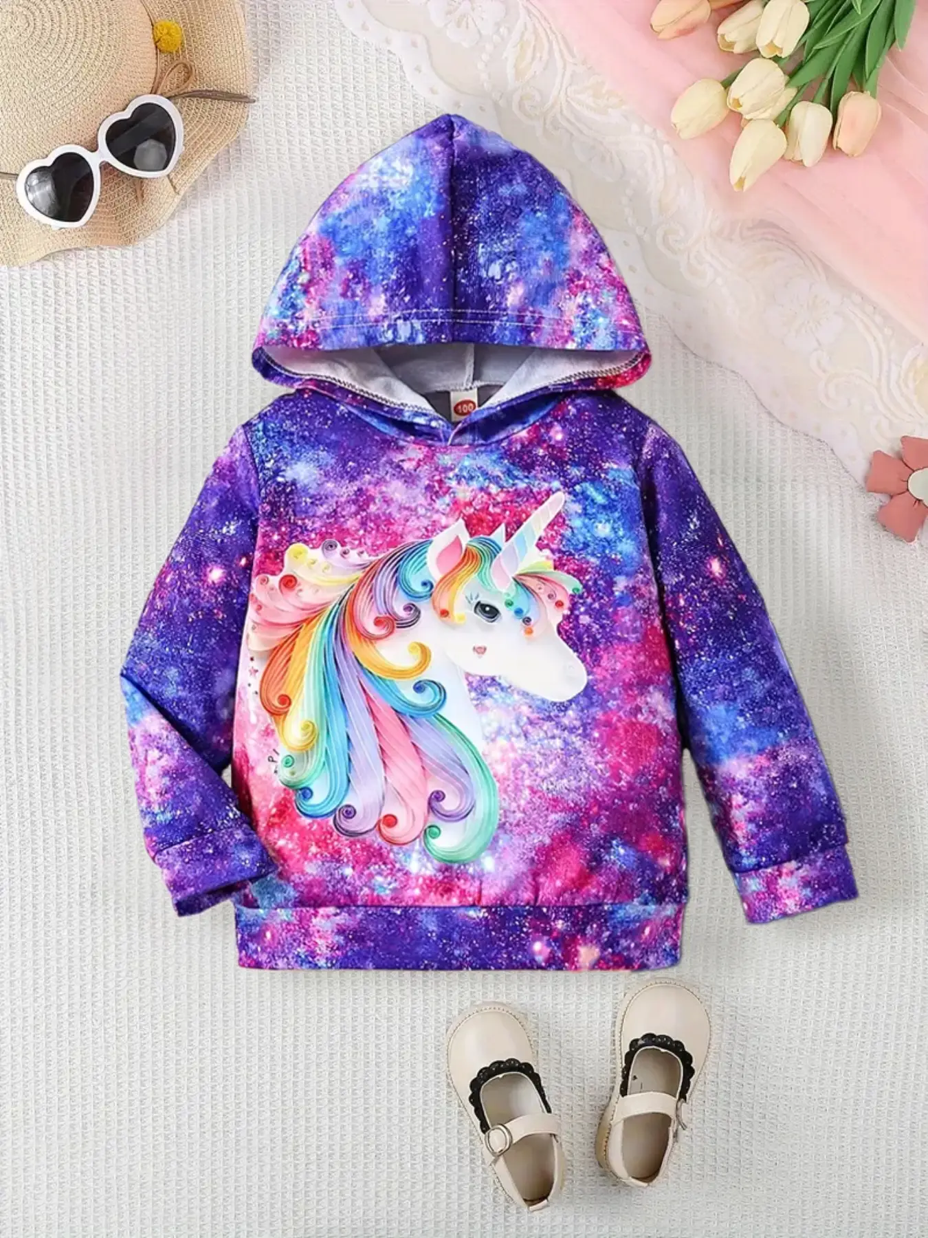Autumn Casual Fashion Girls' Hoodie with 3D Starry Unicorn Print, Long Sleeve Pullover Sweatshirt for Kids, Trendy Clothing