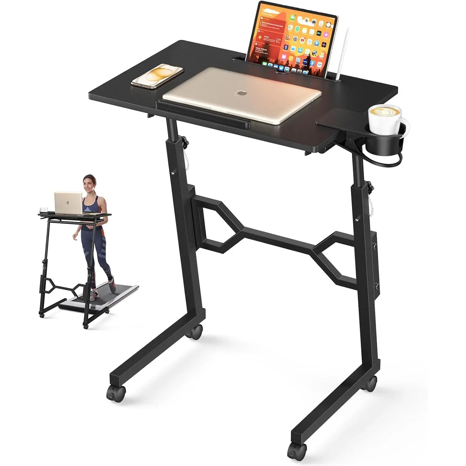 Small Standing Desk with Wheels, Portable Treadmill Desk, Rolling Desk Adjustable Height for Laptop, Mobile Standing Table for Walking Pad, Bedside Table