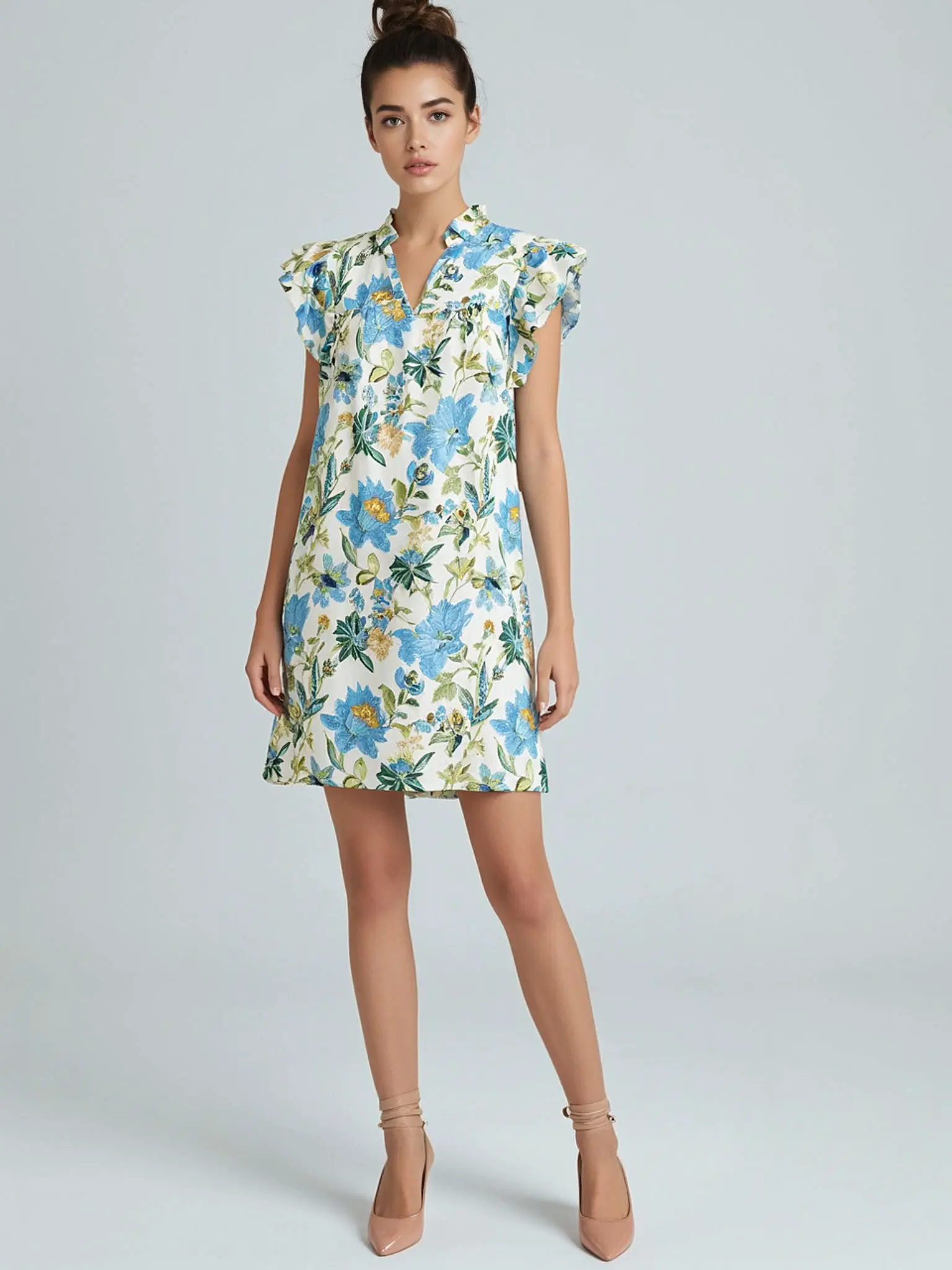 Beige Floral Print V Neck Triple Ruffle Short Sleeve Shift Mini Dress