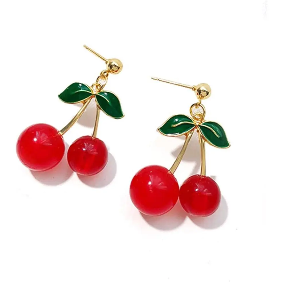 L-EA002 Handmade Creative Light Weight 3D Red Fruits Earrings Plated Sweet & Green Crystal Leaf Lovely Cherry Tassel Dangle Drop Earrings For Women