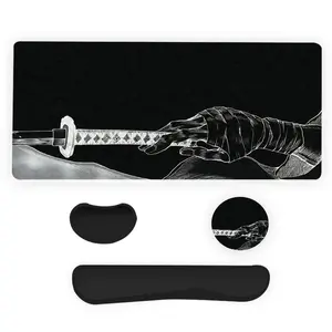 Japanese Katana Pattern Mouse Pad Set, 4 Counts/set Mouse Pad & Keyboard Wrist Rest & Coaster, Desk Accessories for Home Office Gaming