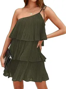 DEEP SELF Women's One Shoulder Layered Mini Dress Ruffle Tiered Flowy Pleated Chiffon Short Dress Army Green
