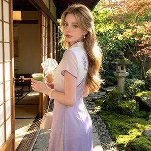 White-to-Purple Gradient Ao Dai Style Handmade Frog Button High-Quality Modified Cheongsam · Short Sleeve Stand Collar Everyday Slimming Neo-Chinese Dress