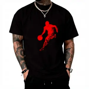 [Silhouette Printed Basketball Tee] Men'S Basketball Silhouette Printed T-Shirt 100% Cotton Casual Crew Neck Long Sleeve Tee With Slight Stretch, All-Season Comfort Fit Knit Fabric Top