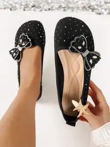Blingbling Bow Flat Shoes for Women, Dark Sweet Commuter Style, Comfortable Non-Slip Rubber Sole, Sparkle Accents, Slip-On Loafers, Walking Shoes for All Seasons