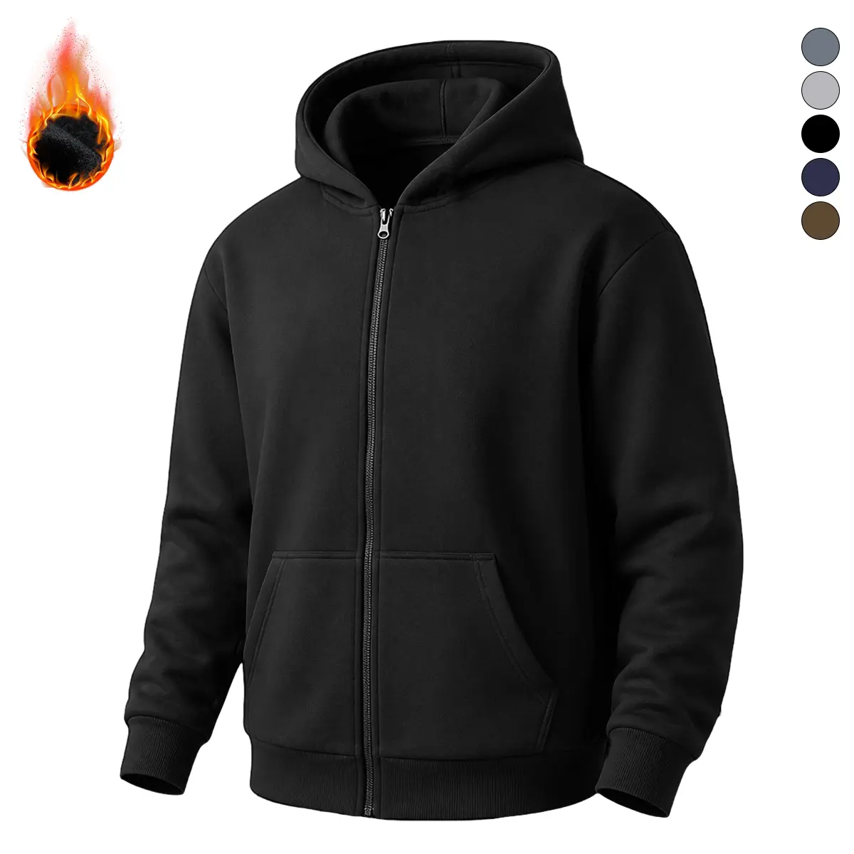 Men's Thermal-Lined Hooded Zip-Up Sweatshirt Top - Fall Winter Warm Fleece-Lined Plain Long Sleeve Menswear Casual Coat, Ribbed Cuffs, Machine Washable, Regular Fit for Cold Weather, Polyester Interior (Black), Sweatshirts