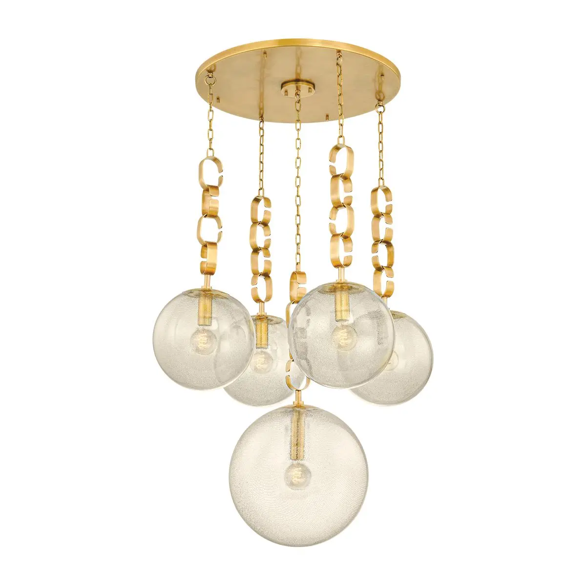 Nessa Chandelier with Vintage Brass Chains and Unique Seeded Glass Orbs - 1930s Inspired Design