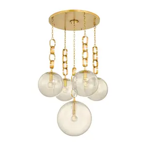 Nessa Chandelier with Vintage Brass Chains and Unique Seeded Glass Orbs - 1930s Inspired Design