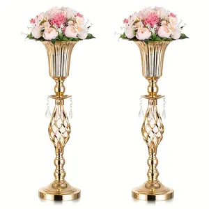 2/10 gold vase with chandelier crystal, 23.2 tall vase Metal flower stands for table decorations, weddings, events, birthday parties, home decor