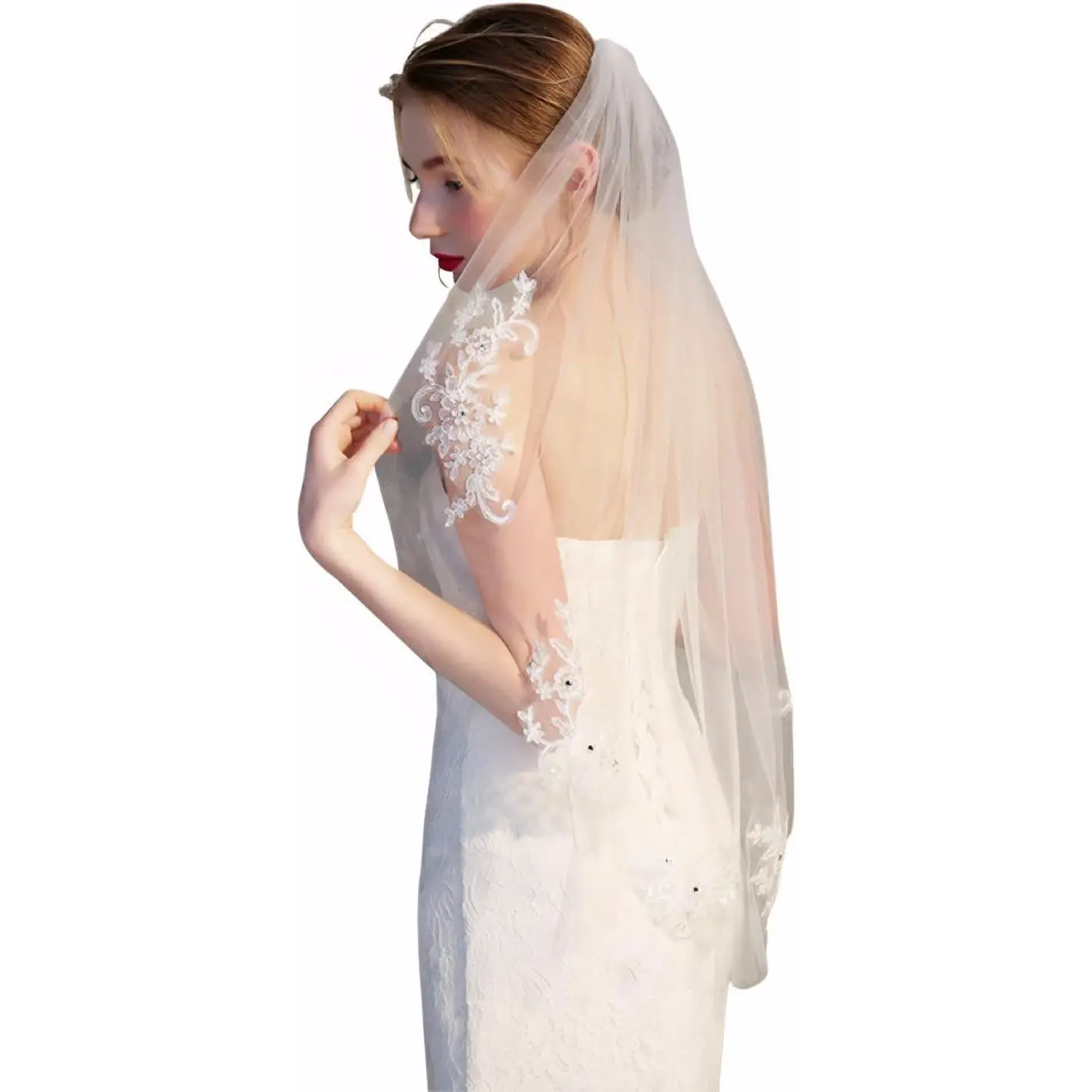 Bridal Veil with Comb - 1 Tier, 90x150cm Ivory Tulle Lace, Exquisite Lightweight Soft Crystal-Beaded Minimalist Wedding Hair Accessory