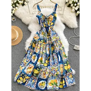 Summer Women's Lemon Print Square Neck Back Tie Waist Dress in Peach Casual Fabric Polyester Womenswear Chic Elegant