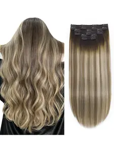 Clip in Human Hair Extensions 100g/120g 14-22Inch 6pcs Balayage Walnut Brown to Ash Brown with Golden Blonde Clip in Hair Extensions for Women Hair Bundles