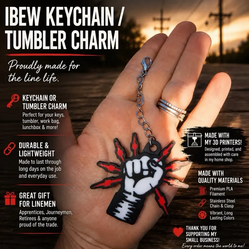 IBEW Inspired Lineman Keychain | 3D Printed Tumbler Charm | Utility Worker Gift | Handmade Linewife Accessory