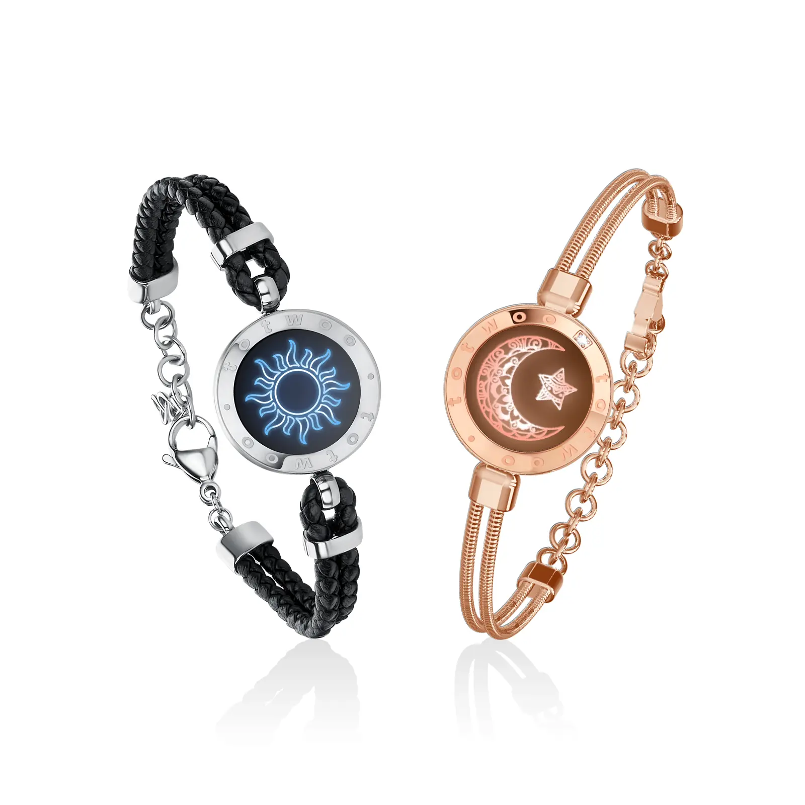 TOTWOO Sun and Moon Long Distance Touch Bracelets for Couples, Smart Light Up & Vibration Love Jewelry, Long Distance Relationship Gifts for Boyfriend, One-to-One Bluetooth Pairing via App