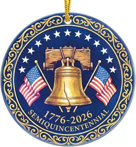 250th Anniversary USA Ornament - 1776-2026 Semiquincentennial Liberty Bell Ceramic Keepsake Vintage Gold Medallion Design Patriotic American