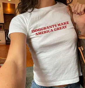Immigrants Make America Great Baby Tee – Y2K Pro-Immigration Shirt, Social Justice Activist Tee, Anti-Racism Equal Rights Top, Trendy Feminist Gift For Her, Printed in USA