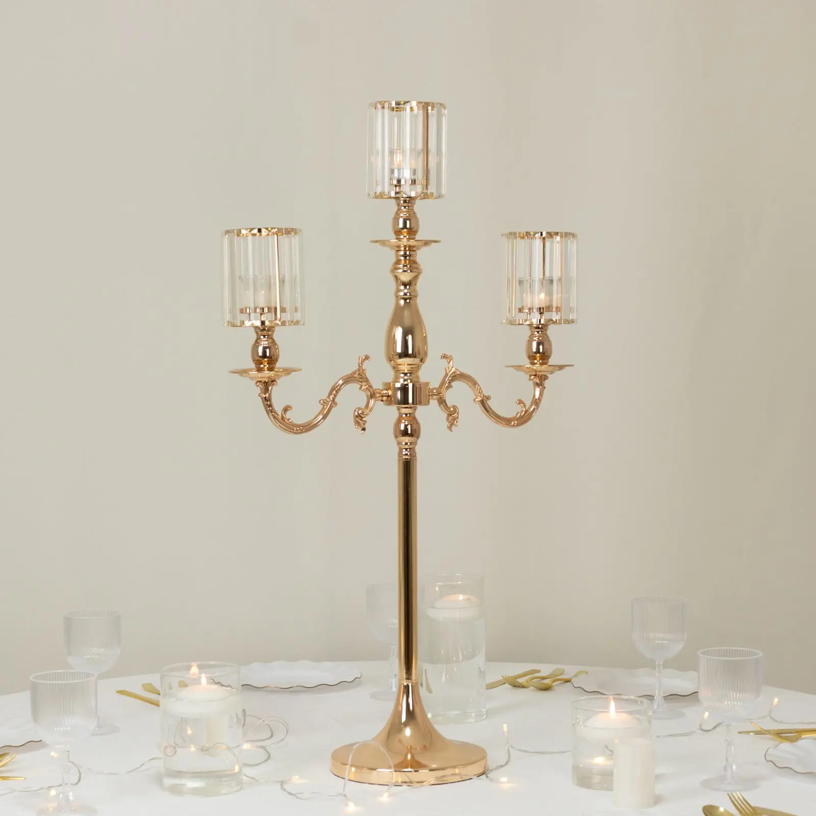 3-Arm Gold Metal Candelabra Chandelier with Crystal Shades, Crystal Pendant Glass Holders - 34" Tall Candle Holder for Pillar, LED Candles, Ideal for Engagement, Anniversary, Baby Shower