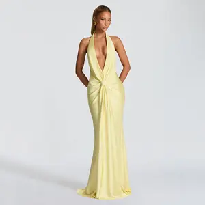 Halter V-Neck Backless Pleated Maxi Dress – Elegant Bodycon Gown