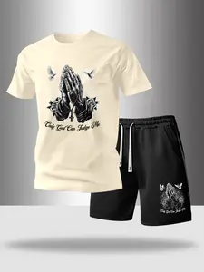 Men's Two-Piece Set Letter Print Round Neck T-Shirt + Summer Drawstring Pocket Shorts, Casual Outdoor Playwear, Daily