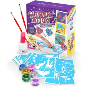 CHIC & PLAIN Glitter Tattoo Kit - 33-Piece Multicolor Set, Ages 3-8, 24 Stencils, 6 Color Pots, 2 Brushes & Adhesive - Glitter Tattoos for Kids & Sleepover Valentines Day Party