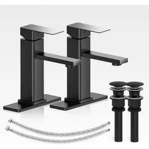 Bathroom Faucets Set with Pop Up Drain, Modern Single Handle Black Bathroom Sink Faucet w/Deck Plate(1 or 3 Hole), Farmhouse RV Vanity Sink Faucet-2 Sets, baño lavamanos Llave