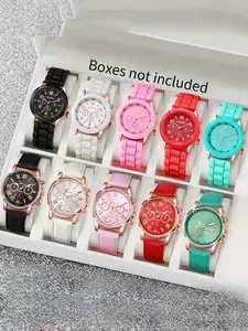 10 piece set GENEVA silicone watch color jelly student casual watch three eye diamond free Geneva watch Quartz Watch