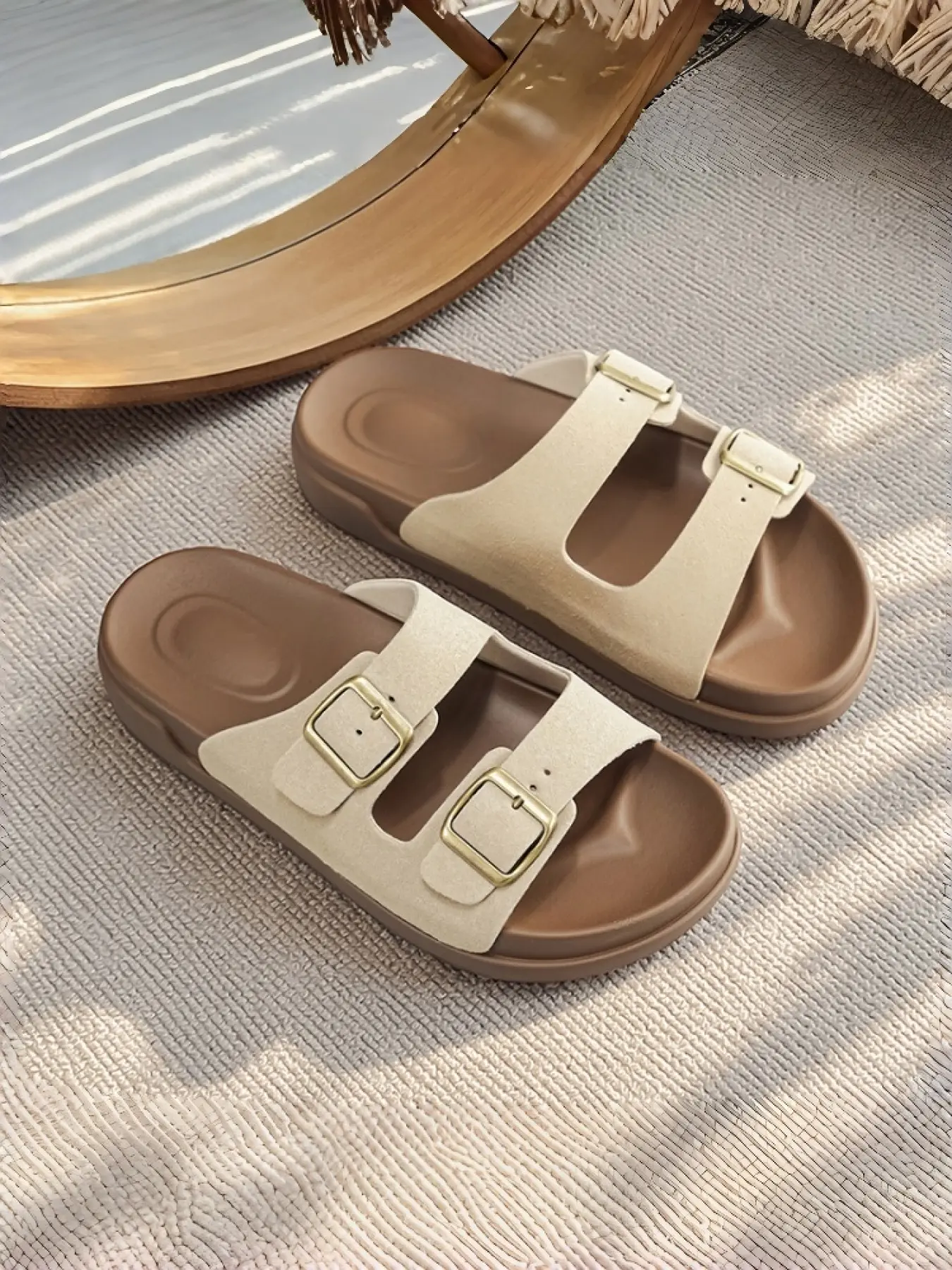 1 Pair Couple Retro Double-Strap Fashion Women's Flat Slippers Slides| Lazy Casual Style | Faux Suede Material + Metal Buckles + 4 Colors | For Students / Office Workers / Streetwear