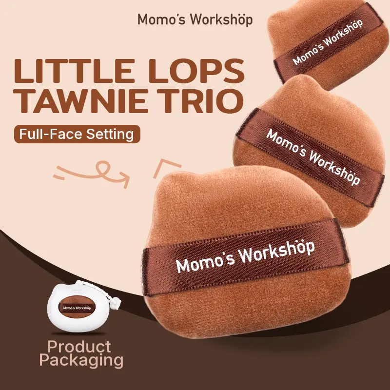 Momos Workshop Little Lops Tawnie Brown Velvet Beauty Puffs, 3 Pcs Set with Case, 85° Pointed Tip for Highlighting & Setting, Dual-Side Functionality, Cosmetics