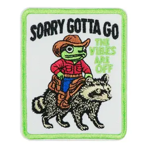 Denim Frog Ride Raccoon Patch, Back Adhesive Iron-On Applique, Geometric Embroidery Design, Suitable for Clothes Jackets Hats Accessories