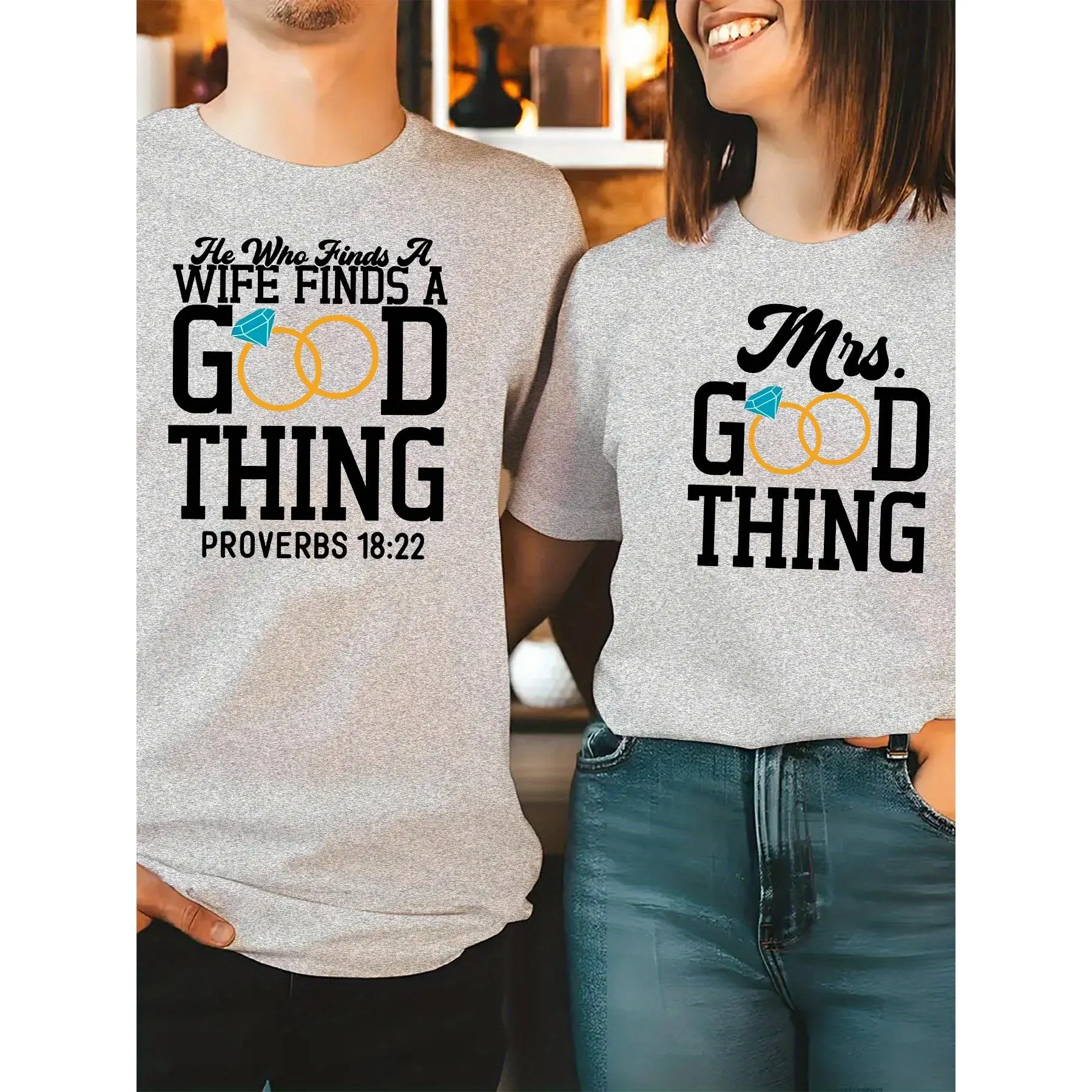 Couple's Matching T-Shirts, Casual Short Sleeve Loose Fit Comfy Basic Tee with "Mr. & Mrs. Good Thing" Graphic Print