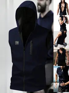 Men's Lightweight Breathable Windbreaker Vest, Outdoor Sports Casual Front Pocket Zipper Hooded Jacket, Foldable Design for Hiking Fishing Running