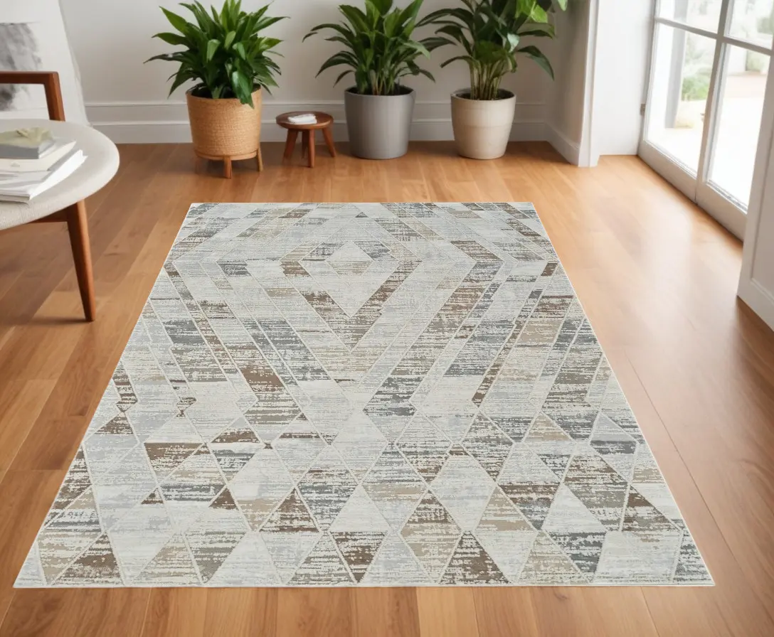 212 MAIN 4x6 ft. Stain-Proof Modern Abstract Distressed Rectangular Area Rug, Beige & Brown, Indoor Use, Rectangular Area Rugs, Contemporary Rugs, Water Resistant