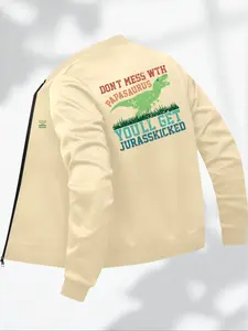 Men's Regular Fit Letter & Dinosaur  Print Zip Up Jacket, Casual Comfy Long Sleeve Outerwear for Spring & Fall, Fashion Men's Clothes for Daily Wear, Coats