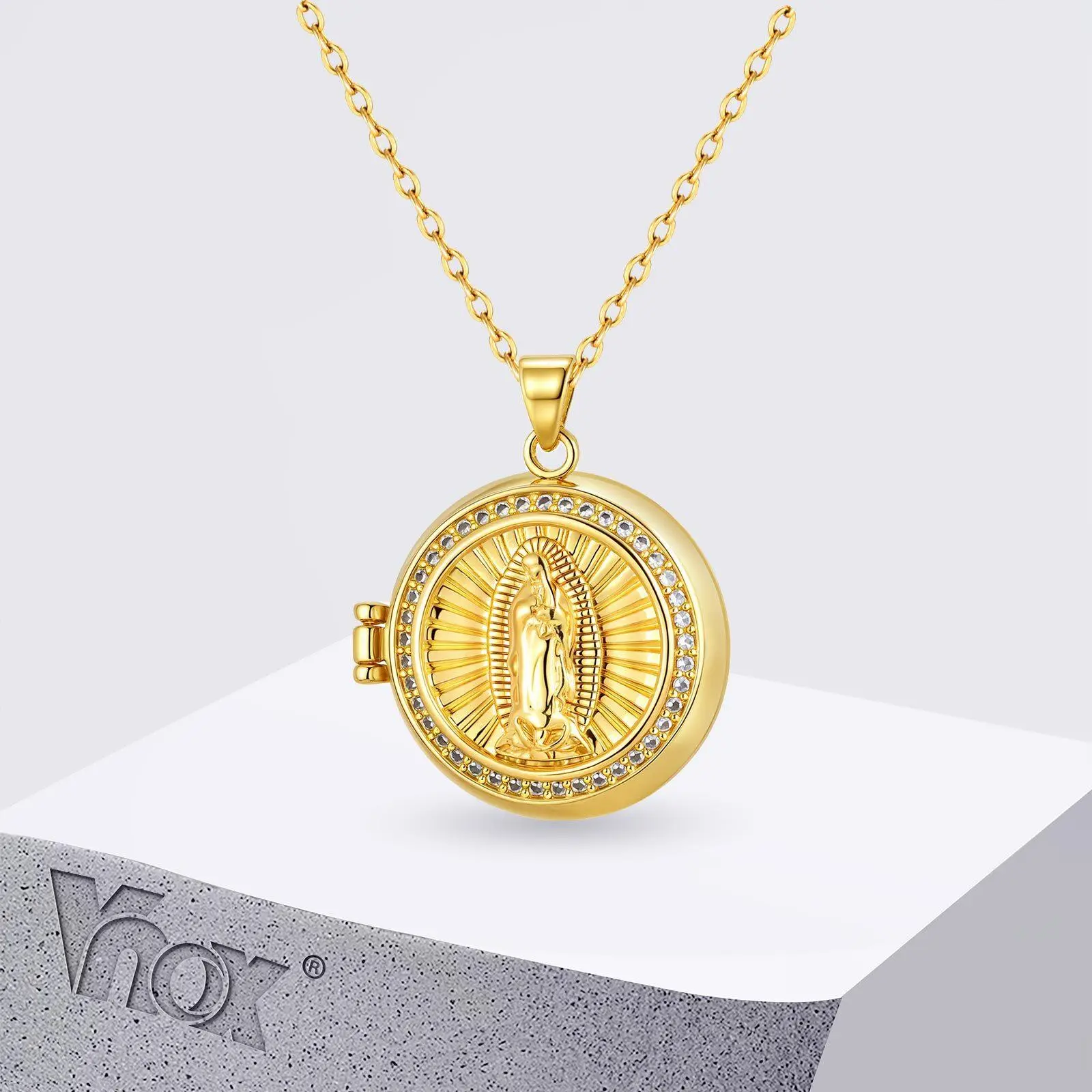 Vnox Metal AAA Zircon Inlaid Virgin Mary Necklace, Gold Plated Can Open Pendant, Classic Religious Jewelry