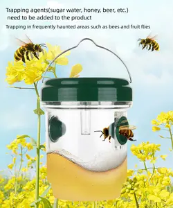 Solar powered bee trap, fruit fly trap, yellow jacket trap, wasp fly trap, carpenter bee trap, illuminated fly trap, reusable suspension device