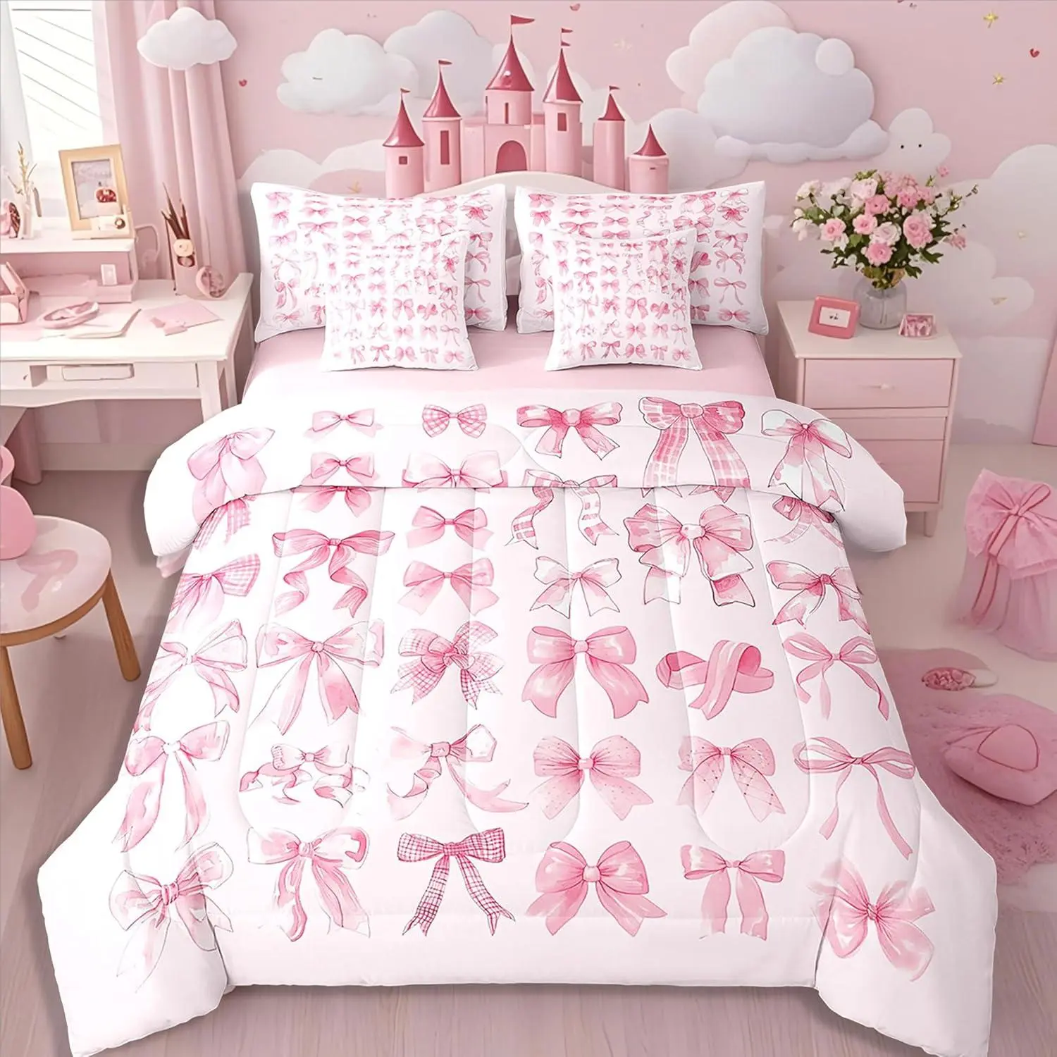 Cute Bow Bed in A Bag for Teen Girl Girly Coquette Bow Comforter Set,Pink Modern Fashion Aesthetic 7 Piece Bedding Set,Dreamy Fantasy Bowknot Duvet Insert with Flat Fitted Sheets