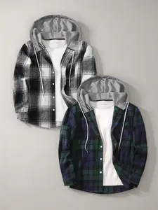 Men's Plaid Patchwork Hooded Long Sleeve Shirt Set, Casual Breathable Fitted Button Front Design, Comfortable Fall & Winter