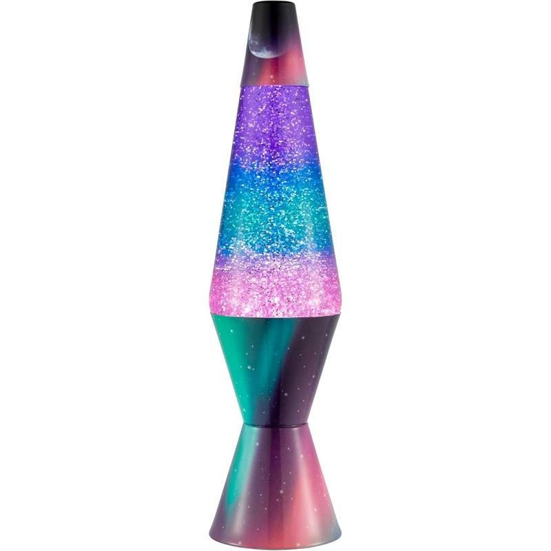 Glitter Motion Lamp, Silver Glitter, Multicolor Base and Globe, For a Coffee Table, Bookshelf, or Desk, 14.5"