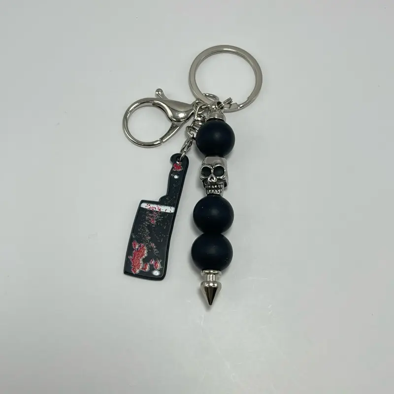 Dark Horror Tool Keychain with Black Beads, Skull Charm & tool Charms, Unique Design for Horror Lovers